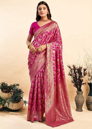 Generic Women's Jacquard Printed Saree With Unstitched Blouse 5.5Mtr (Pink)