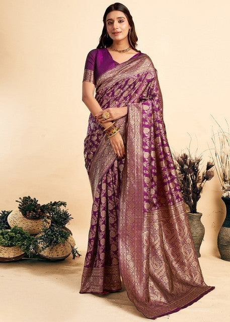 Generic Women's Jacquard Printed Saree With Unstitched Blouse 5.5Mtr (Purple)