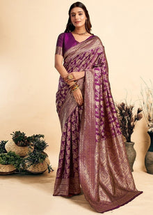 Generic Women's Jacquard Printed Saree With Unstitched Blouse 5.5Mtr (Purple)