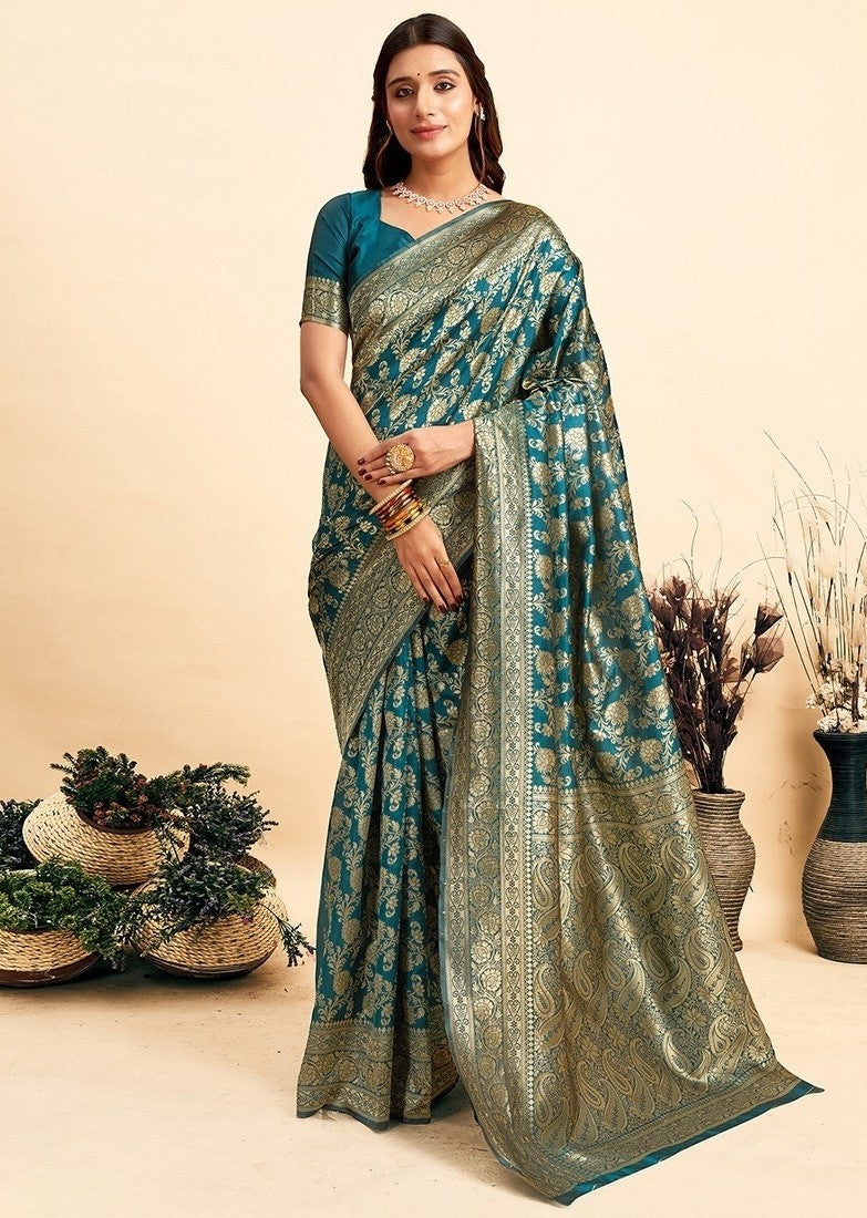 Generic Women's Jacquard Printed Saree With Unstitched Blouse 5.5Mtr (Teal)