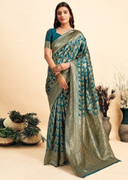 Generic Women's Jacquard Printed Saree With Unstitched Blouse 5.5Mtr (Teal)