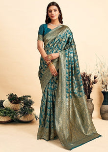 Generic Women's Jacquard Printed Saree With Unstitched Blouse 5.5Mtr (Teal)