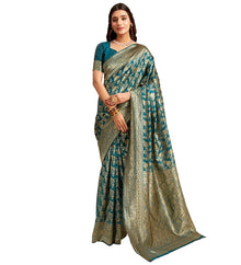 Generic Women's Jacquard Printed Saree With Unstitched Blouse 5.5Mtr (Teal)