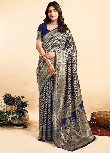 Generic Women's Jacquard Printed Saree With Unstitched Blouse 5.5Mtr (Navy Blue)