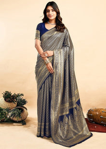 Generic Women's Jacquard Printed Saree With Unstitched Blouse 5.5Mtr (Navy Blue)