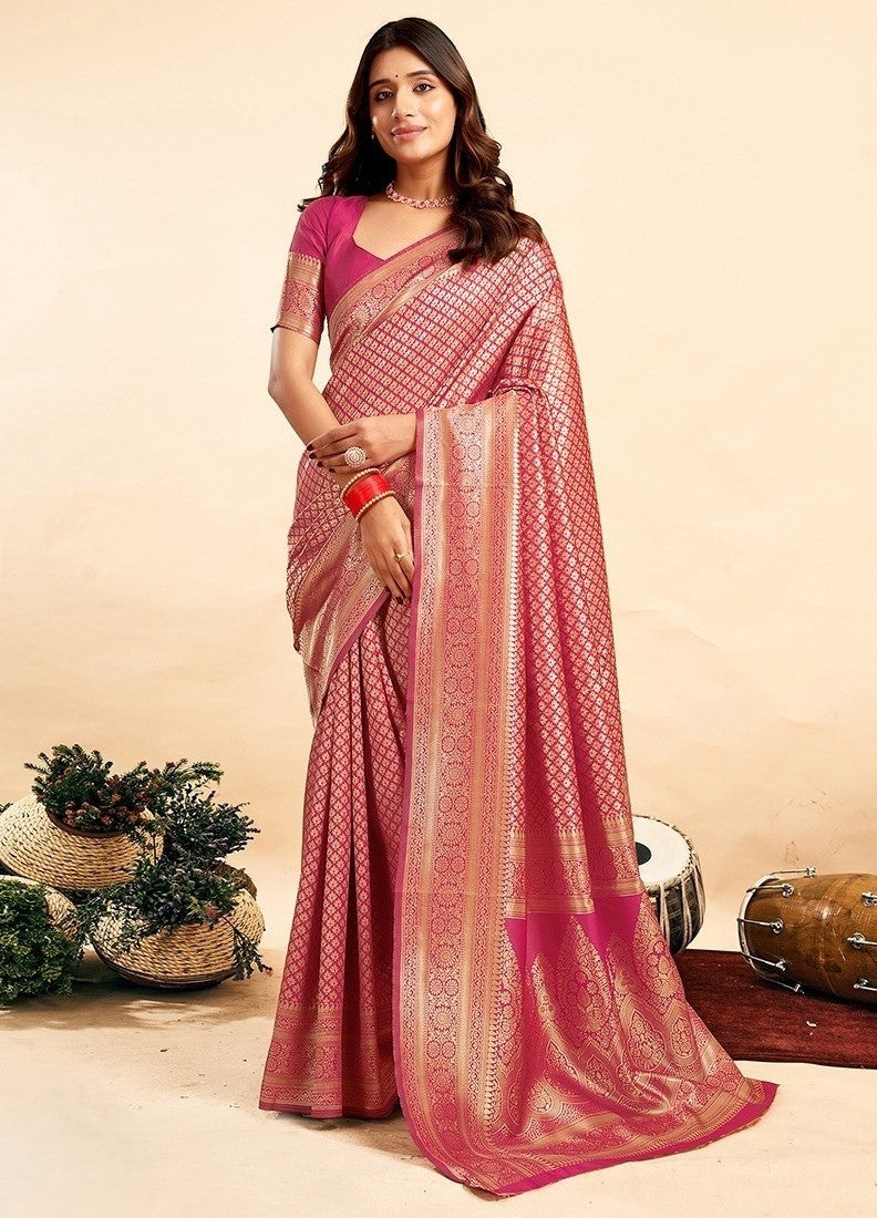 Generic Women's Jacquard Printed Saree With Unstitched Blouse 5.5Mtr (Pink)