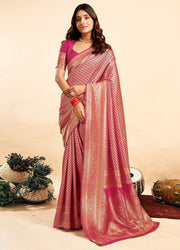 Generic Women's Jacquard Printed Saree With Unstitched Blouse 5.5Mtr (Pink)