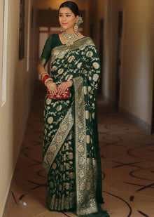 Generic Women's Jacquard Printed Saree With Unstitched Blouse 5.5Mtr (Bottle Green)