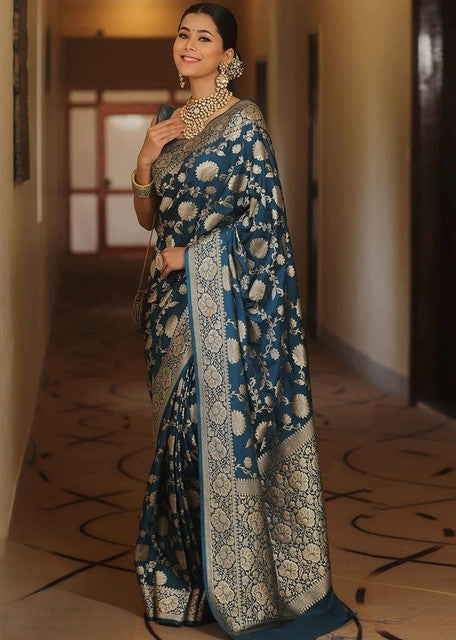 Generic Women's Jacquard Printed Saree With Unstitched Blouse 5.5Mtr (Teal)
