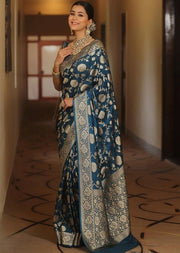 Generic Women's Jacquard Printed Saree With Unstitched Blouse 5.5Mtr (Teal)