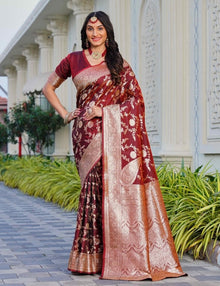 Generic Women's Jacquard Printed Saree With Unstitched Blouse 5.5Mtr (Maroon)