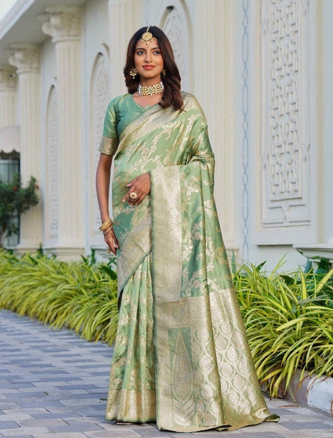 Generic Women's Jacquard Printed Saree With Unstitched Blouse 5.5Mtr (Pista Green)