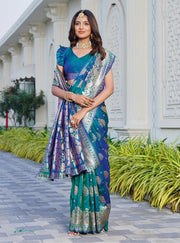 Generic Women's Jacquard Printed Saree With Unstitched Blouse 5.5Mtr (Royal-Teal)