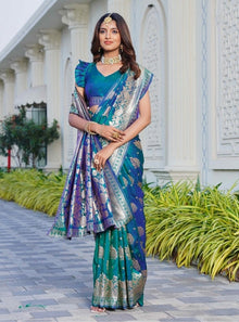 Generic Women's Jacquard Printed Saree With Unstitched Blouse 5.5Mtr (Royal-Teal)