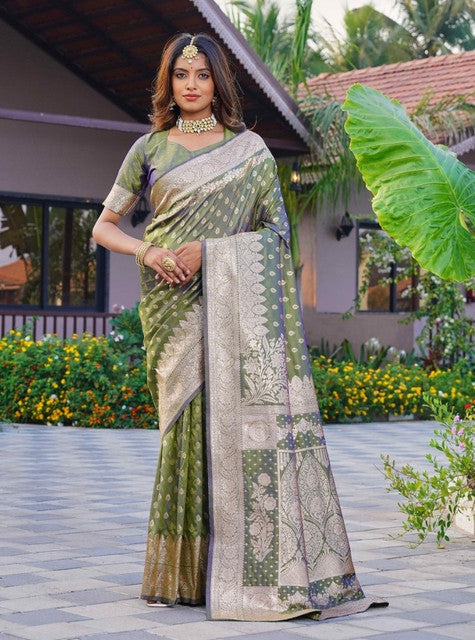 Generic Women's Jacquard Printed Saree With Unstitched Blouse 5.5Mtr (Olive Green)