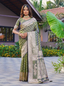 Generic Women's Jacquard Printed Saree With Unstitched Blouse 5.5Mtr (Olive Green)