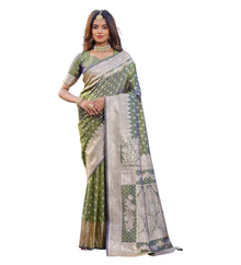 Generic Women's Jacquard Printed Saree With Unstitched Blouse 5.5Mtr (Olive Green)