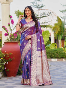 Generic Women's Jacquard Printed Saree With Unstitched Blouse 5.5Mtr (Purple)