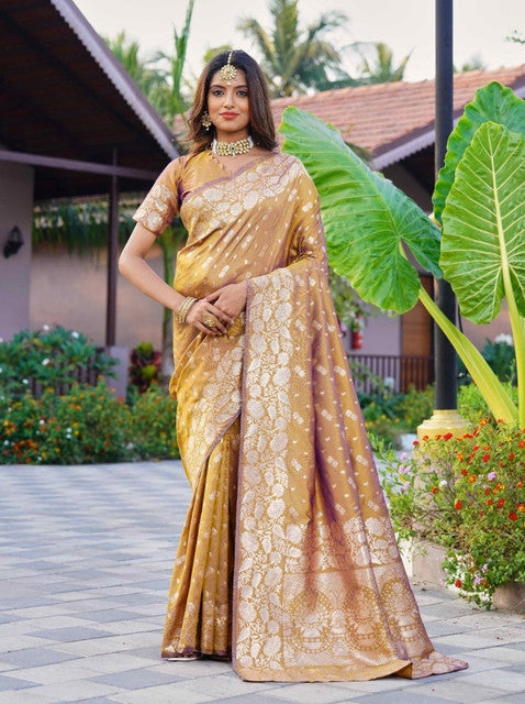 Generic Women's Jacquard Printed Saree With Unstitched Blouse 5.5Mtr (Mustard)