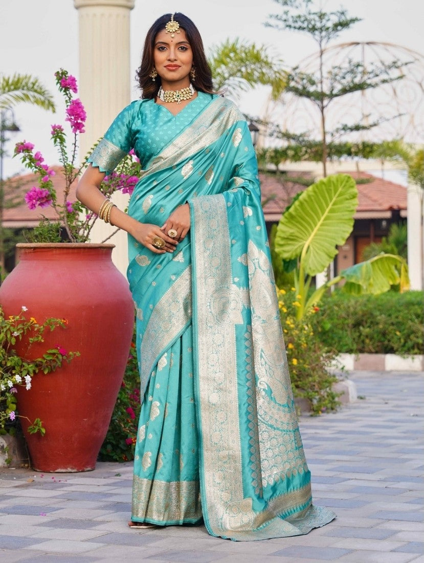 Generic Women's Jacquard Printed Saree With Unstitched Blouse 5.5Mtr (Skyblue)