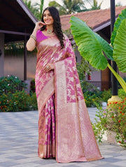 Generic Women's Jacquard Printed Saree With Unstitched Blouse 5.5Mtr (Pink)