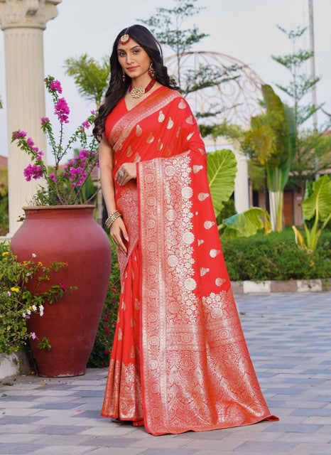 Generic Women's Jacquard Printed Saree With Unstitched Blouse 5.5Mtr (Red)