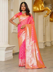 Generic Women's Jacquard Printed Saree With Unstitched Blouse 5.5Mtr (Pink)