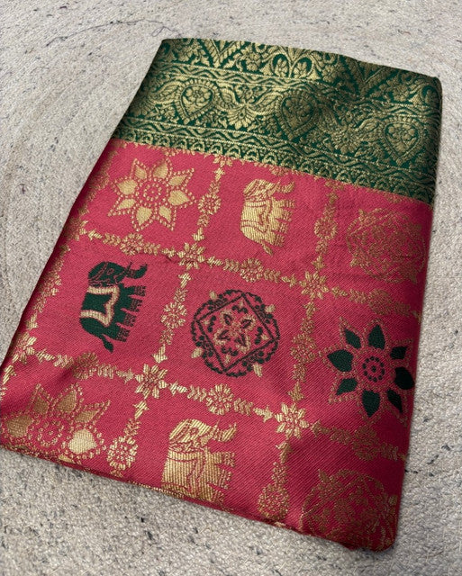 Generic Women's Jacquard Printed Saree With Unstitched Blouse 5.5Mtr (Pink)