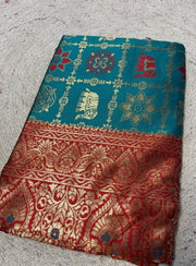 Generic Women's Jacquard Printed Saree With Unstitched Blouse 5.5Mtr (Teal)