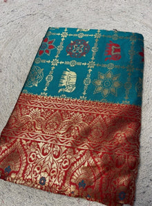 Generic Women's Jacquard Printed Saree With Unstitched Blouse 5.5Mtr (Teal)