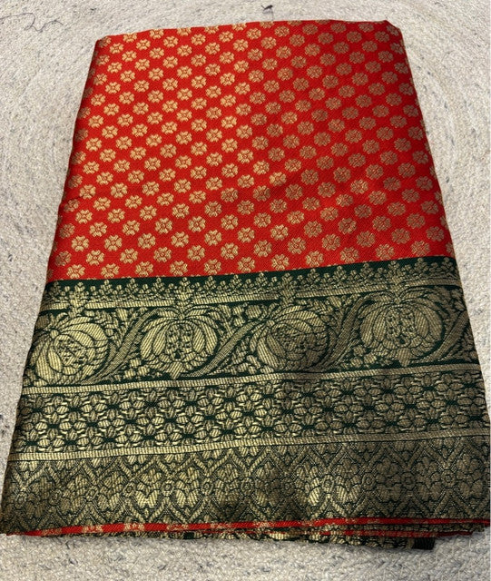 Generic Women's Jacquard Printed Saree With Unstitched Blouse 5.5Mtr (Red)