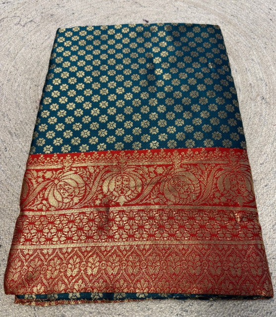 Generic Women's Jacquard Printed Saree With Unstitched Blouse 5.5Mtr (Teal)