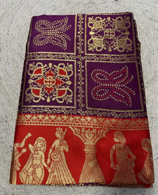 Generic Women's Jacquard Printed Saree With Unstitched Blouse 5.5Mtr (Wine)