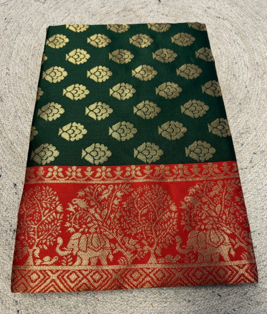Generic Women's Jacquard Printed Saree With Unstitched Blouse 5.5Mtr (Bottle Green)