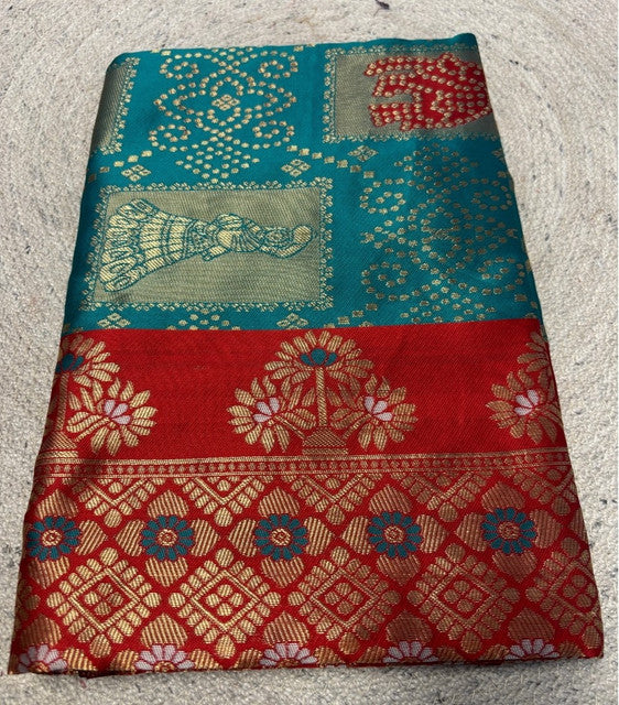 Generic Women's Jacquard Printed Saree With Unstitched Blouse 5.5Mtr (Teal)