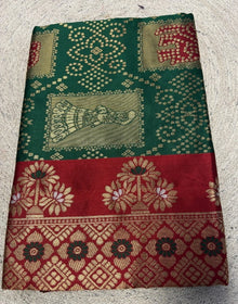 Generic Women's Jacquard Printed Saree With Unstitched Blouse 5.5Mtr (Dark Green)